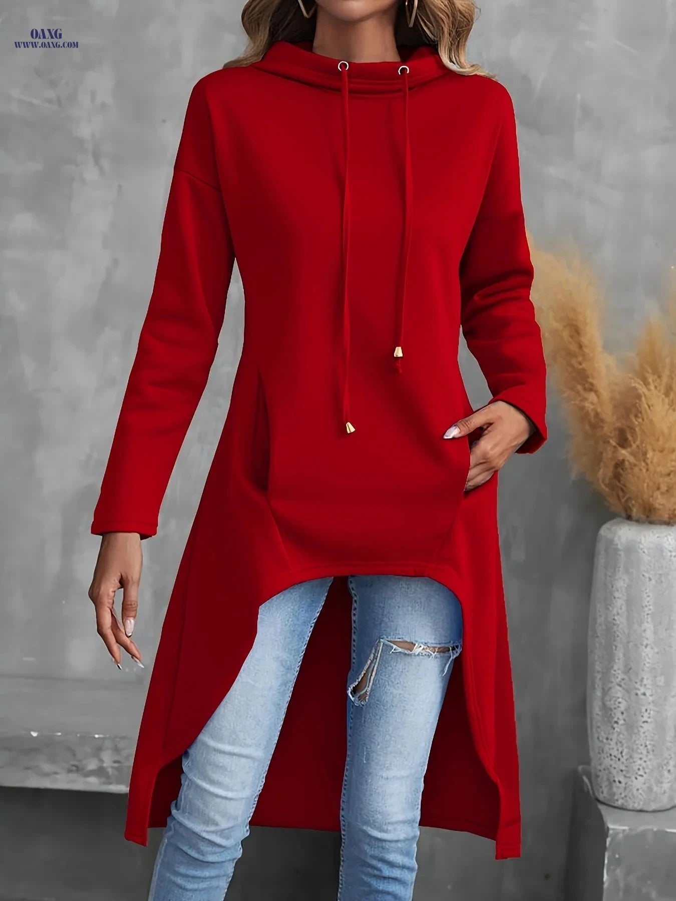 OAXG Women's Casual High-Low Hoodie - Long Sleeve Drawstring Sweatshirt   OAXG 