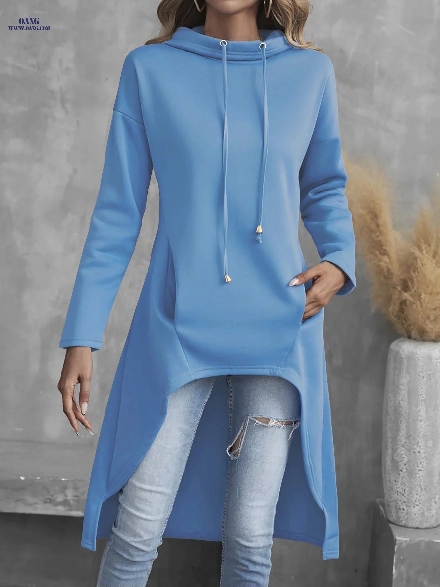 OAXG Women's Casual High-Low Hoodie - Long Sleeve Drawstring Sweatshirt   OAXG 