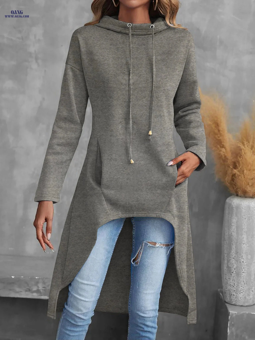 OAXG Women's Casual High-Low Hoodie - Long Sleeve Drawstring Sweatshirt   OAXG 