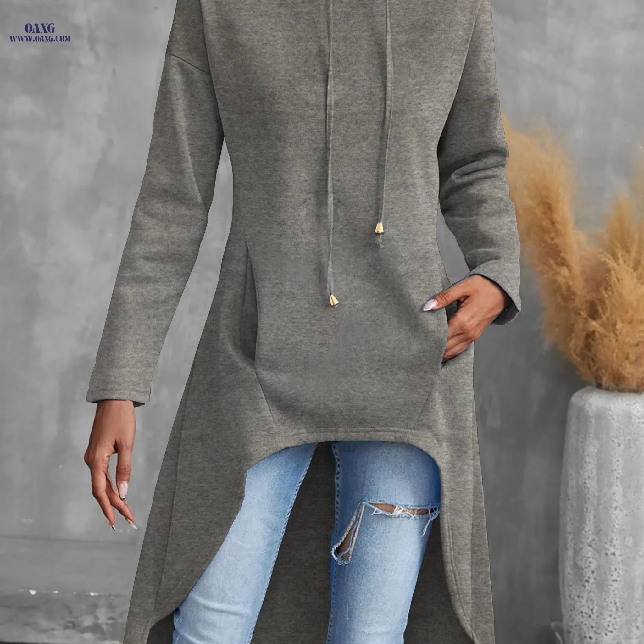 OAXG Women's Casual High-Low Hoodie - Long Sleeve Drawstring Sweatshirt   OAXG 