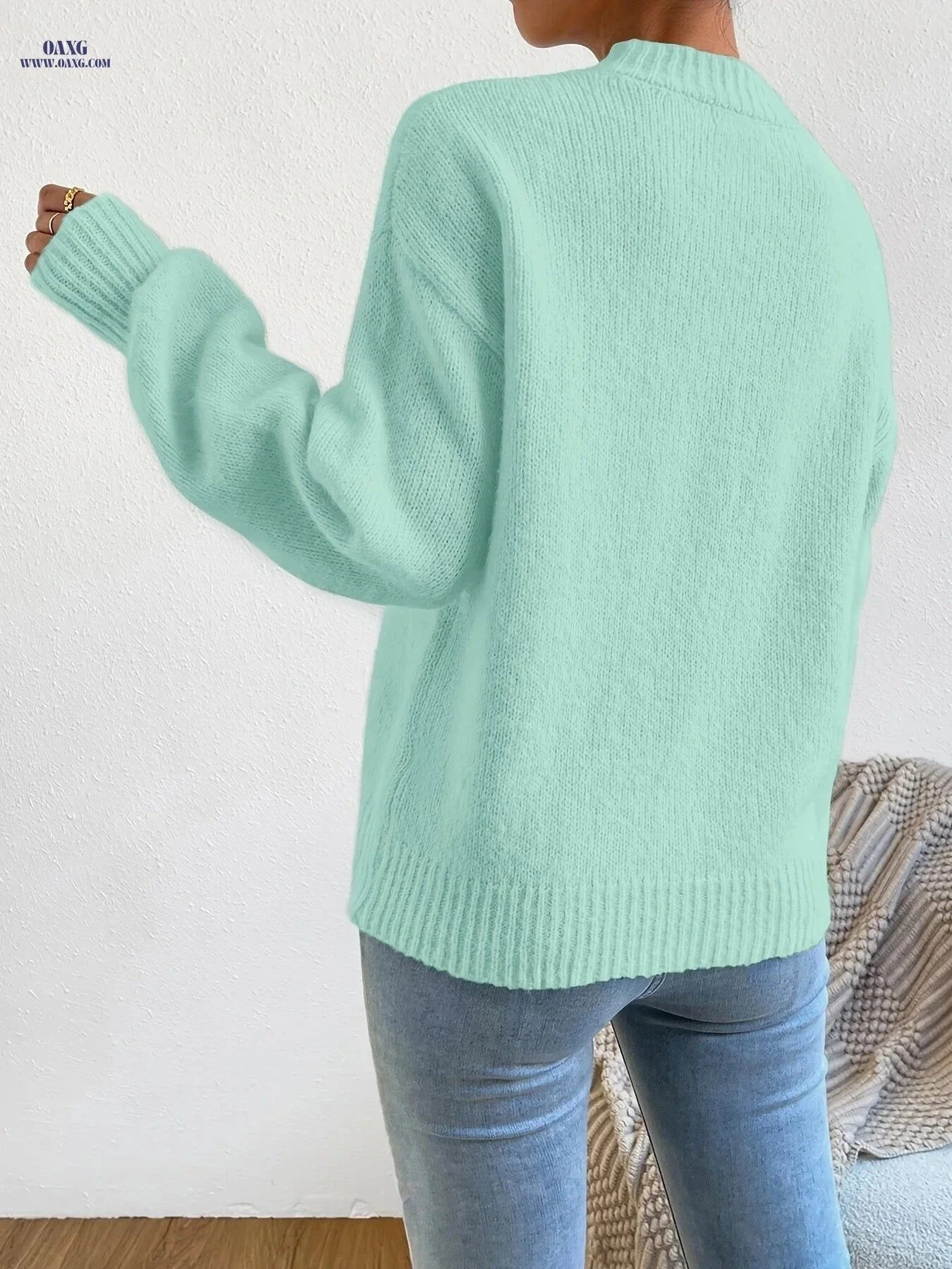 OAXG Women's Casual High-Neck Pullover - Autumn Long Sleeve Top   OAXG Light Green / S