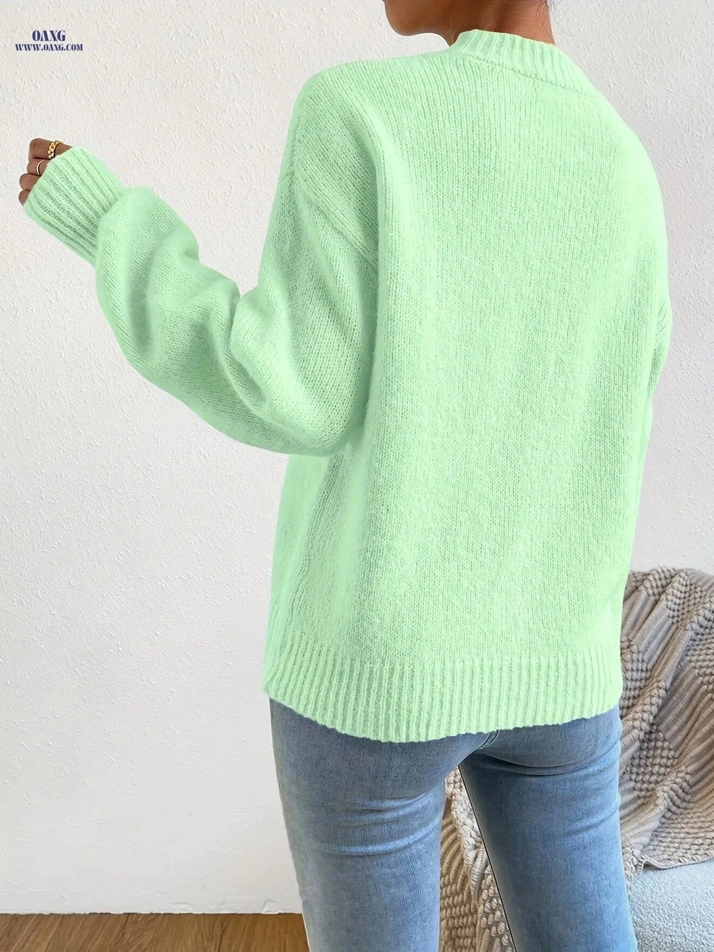 OAXG Women's Casual High-Neck Pullover - Autumn Long Sleeve Top   OAXG Light Green / S