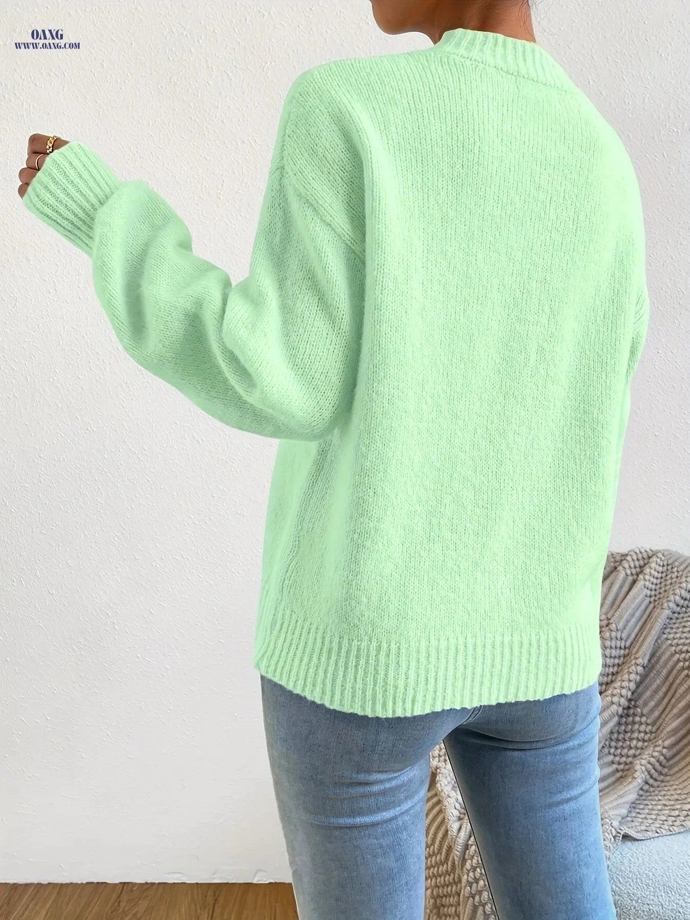 OAXG Women's Casual High-Neck Pullover - Autumn Long Sleeve Top   OAXG Light Green / S