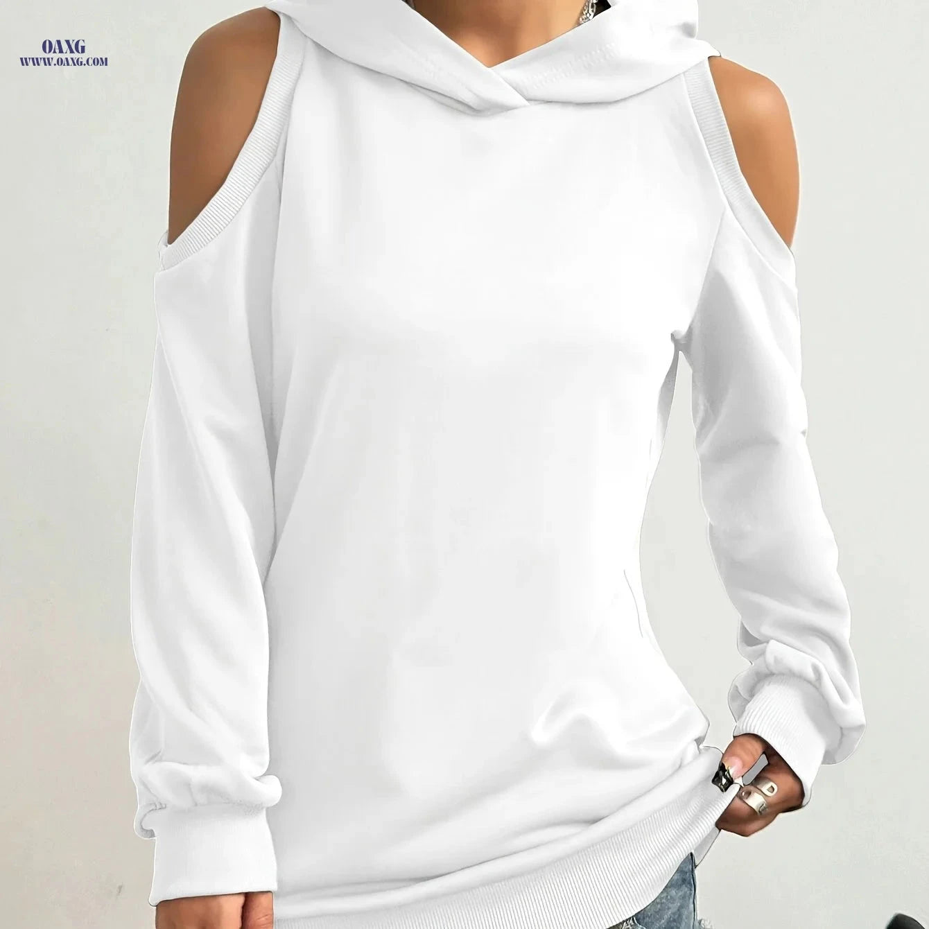 OAXG Women's Casual Hooded Off-Shoulder Sweatshirt - Solid Color   OAXG 