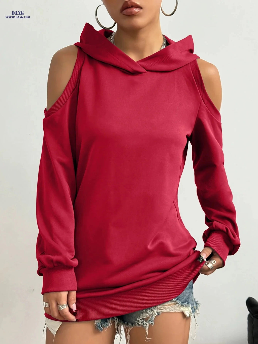 OAXG Women's Casual Hooded Off-Shoulder Sweatshirt - Solid Color   OAXG 