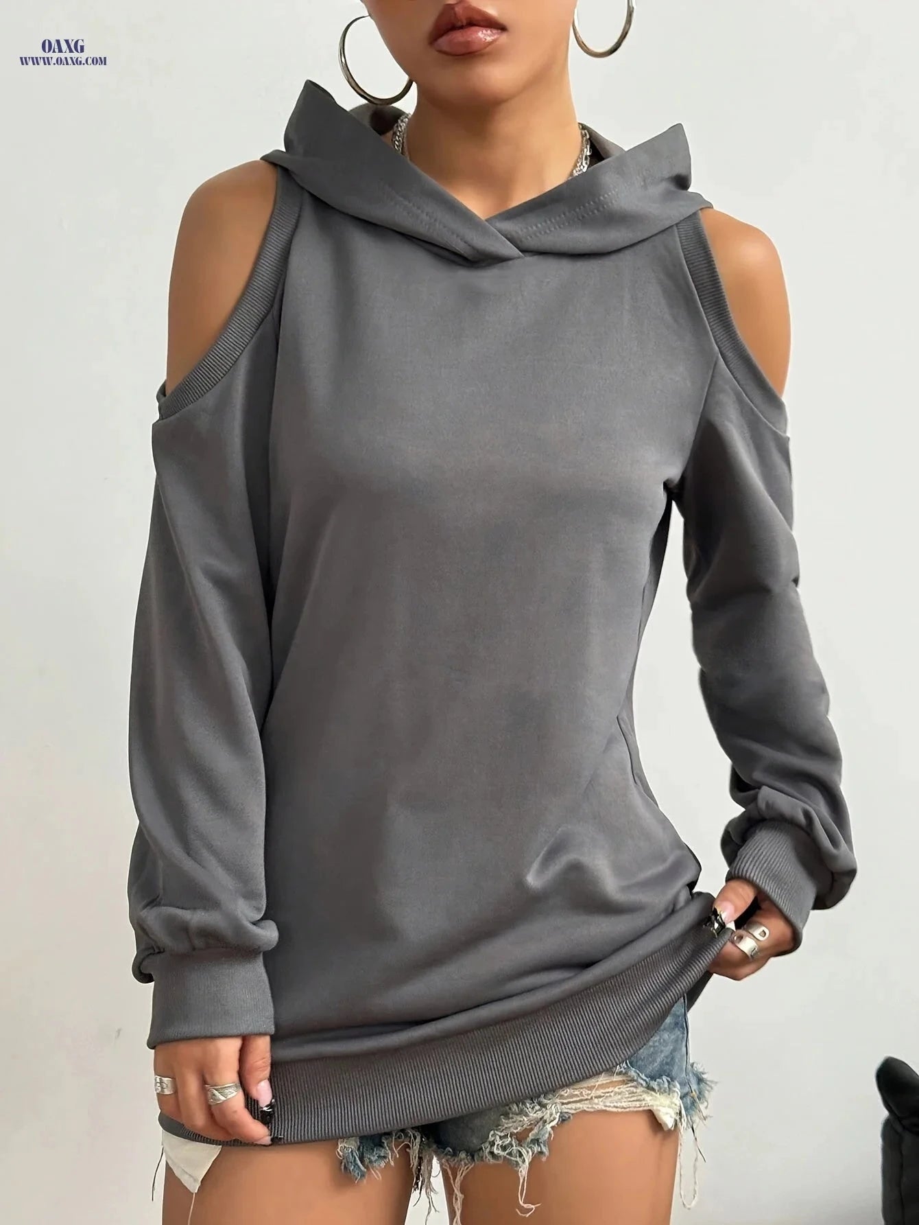 OAXG Women's Casual Hooded Off-Shoulder Sweatshirt - Solid Color   OAXG 