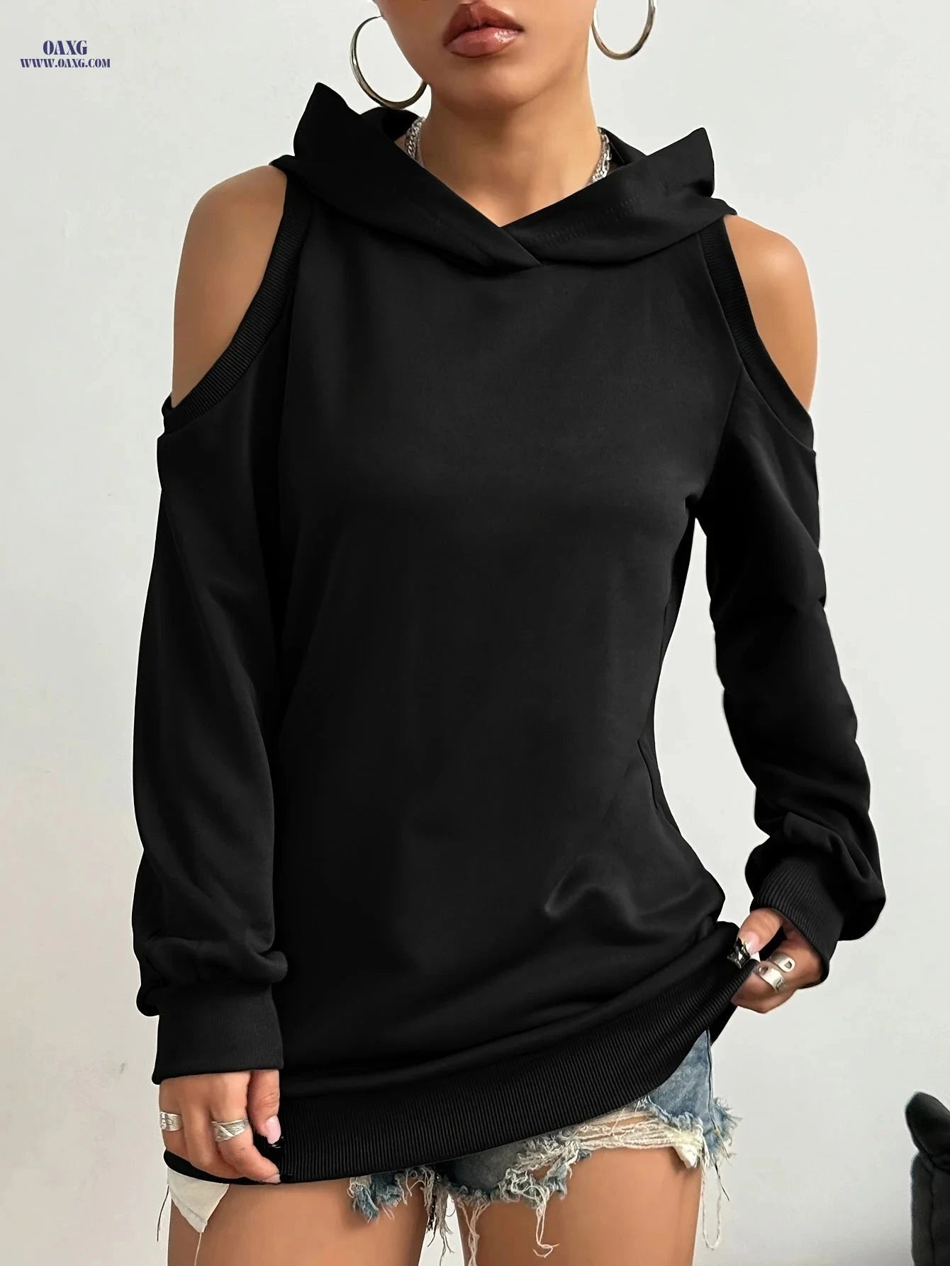 OAXG Women's Casual Hooded Off-Shoulder Sweatshirt - Solid Color   OAXG 