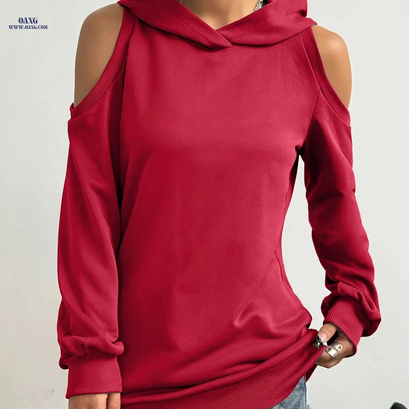 OAXG Women's Casual Hooded Off-Shoulder Sweatshirt - Solid Color   OAXG 
