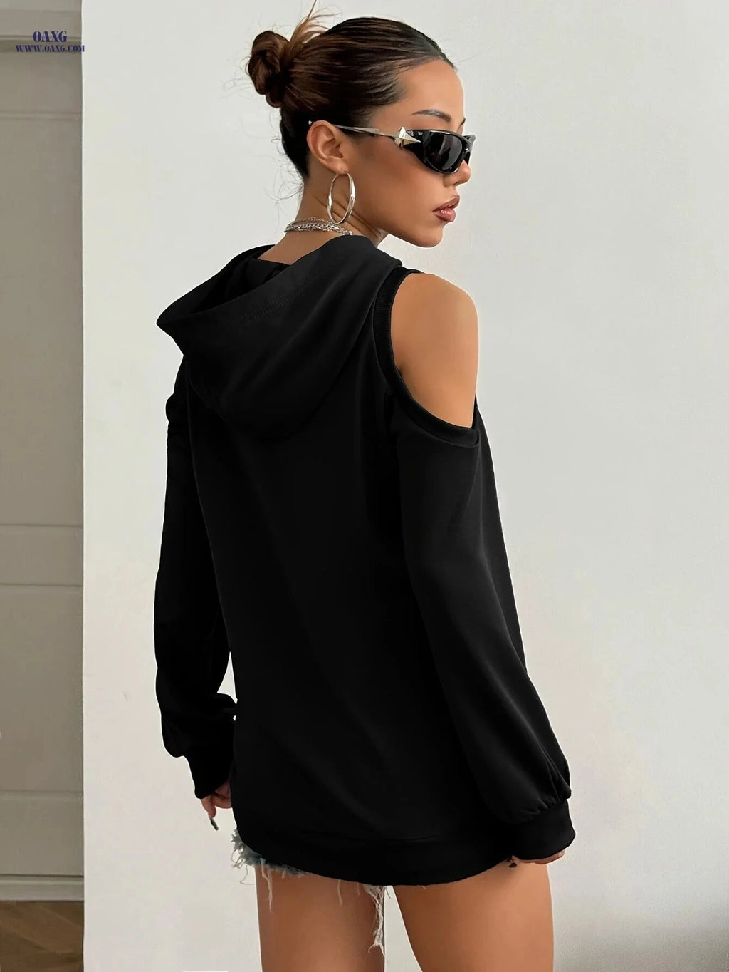 OAXG Women's Casual Hooded Off-Shoulder Sweatshirt - Solid Color   OAXG 