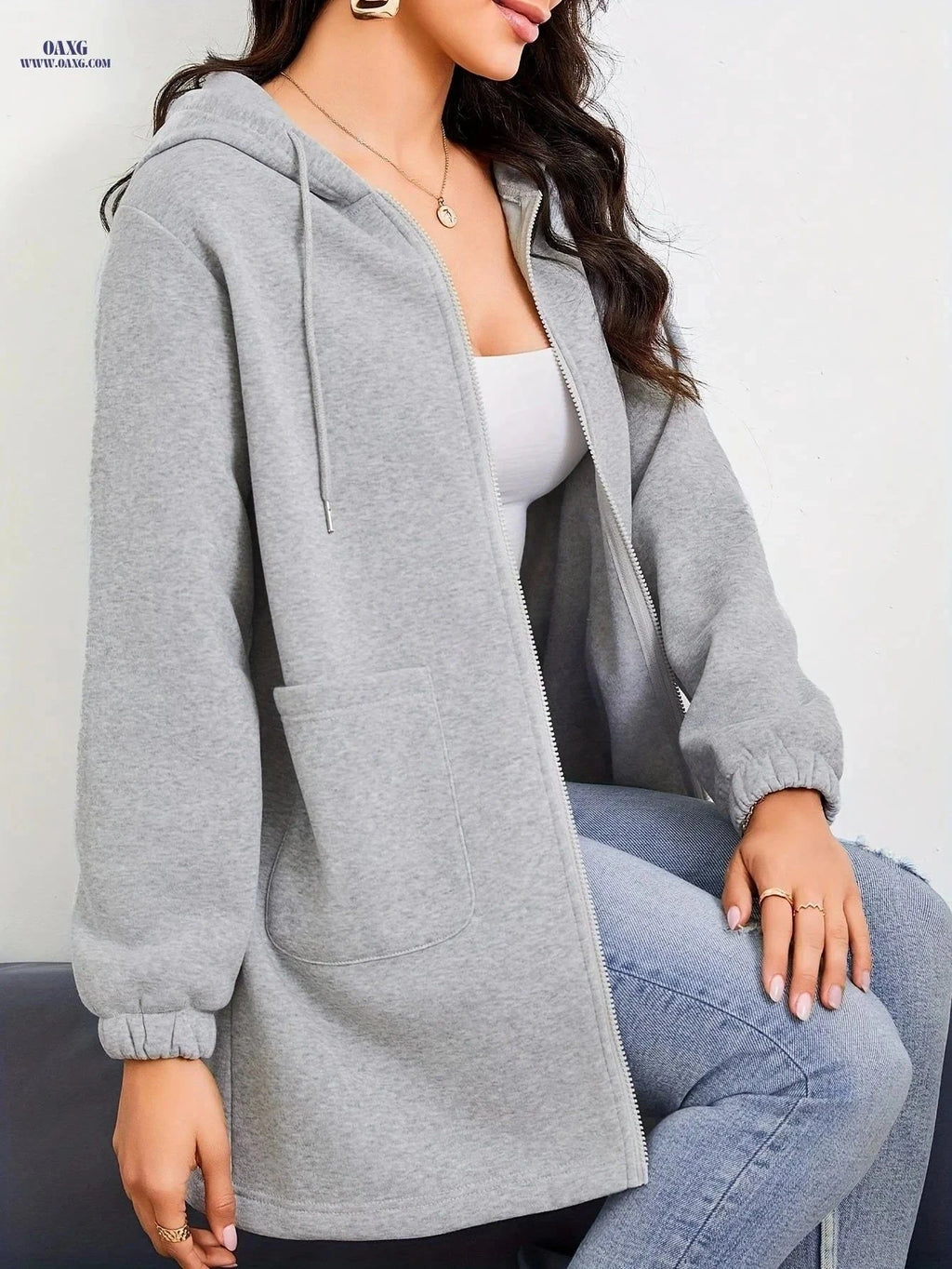 OAXG Women's Casual Hooded Zipper Sweatshirt with Drawstring Design   OAXG Light Grey / XS