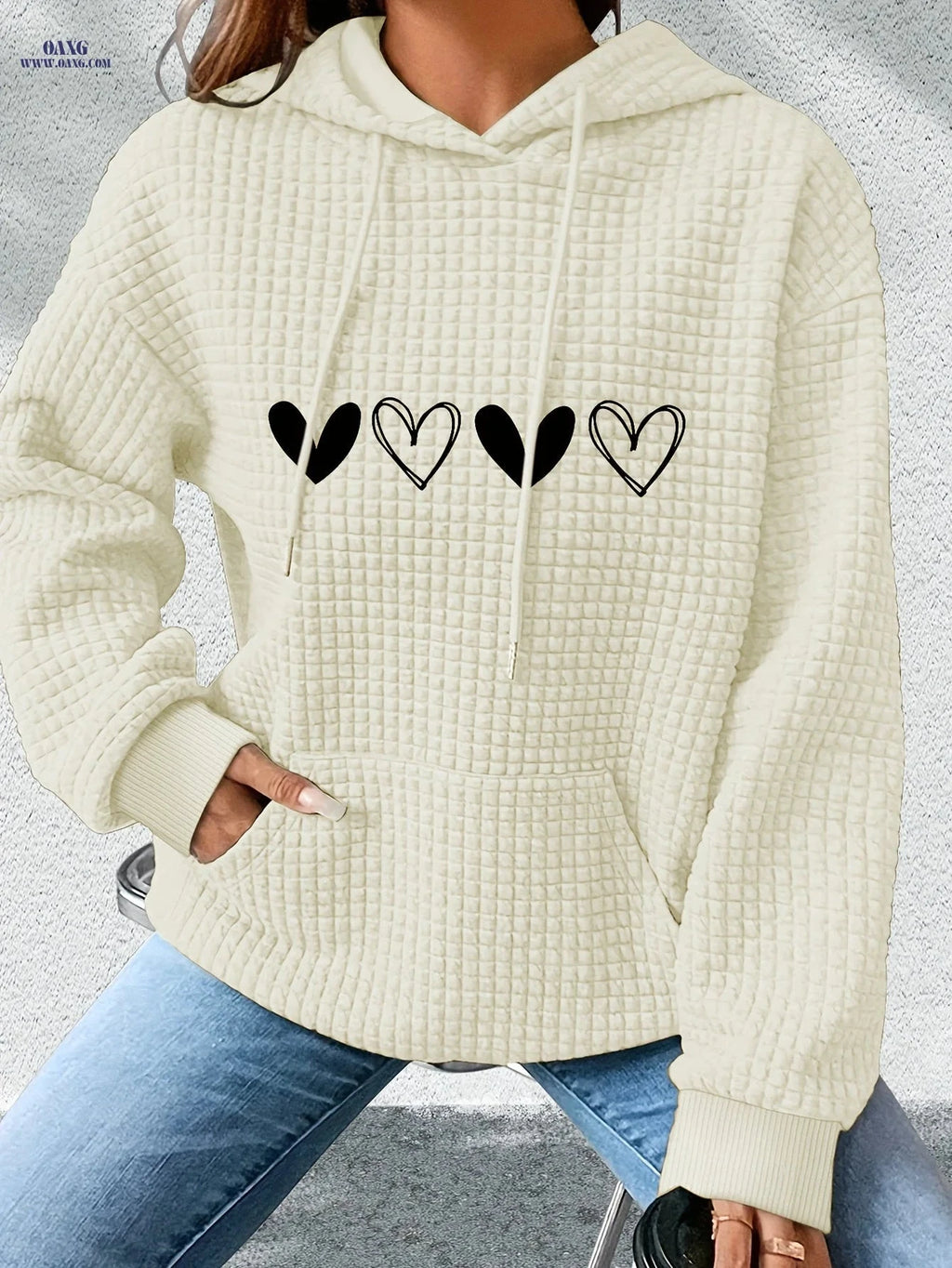 OAXG Women's Casual Hoodie - Heart Print, Kangaroo Pocket, Cozy Fit   OAXG 