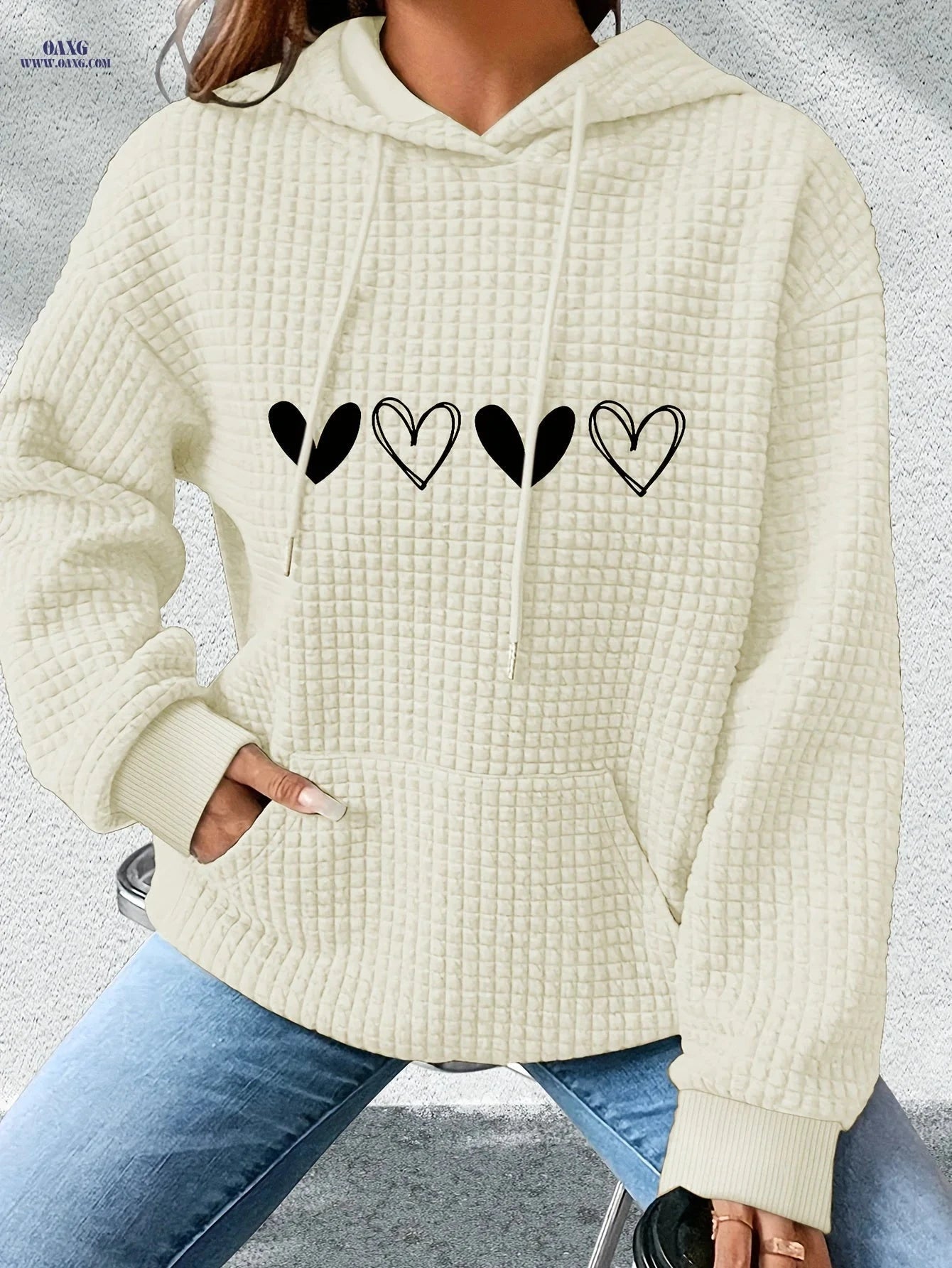 OAXG Women's Casual Hoodie - Heart Print, Kangaroo Pocket, Cozy Fit   OAXG 
