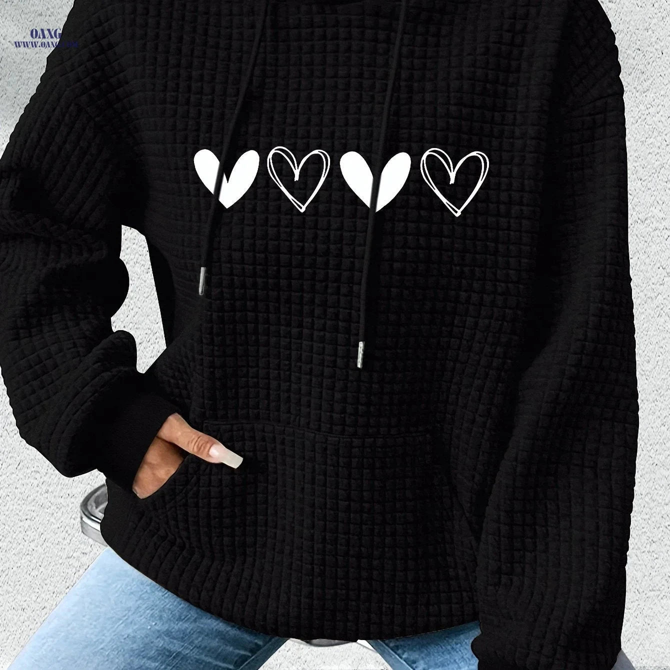 OAXG Women's Casual Hoodie - Heart Print, Kangaroo Pocket, Cozy Fit   OAXG 