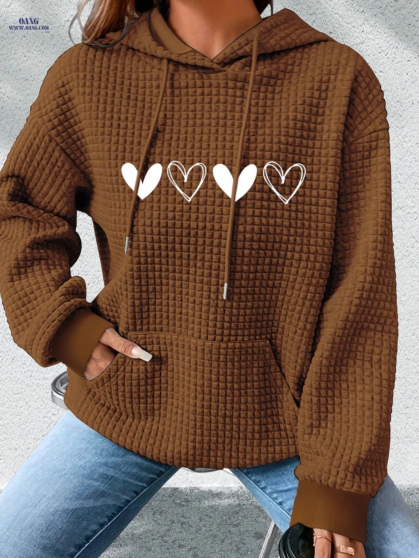 OAXG Women's Casual Hoodie - Heart Print, Kangaroo Pocket, Cozy Fit   OAXG 