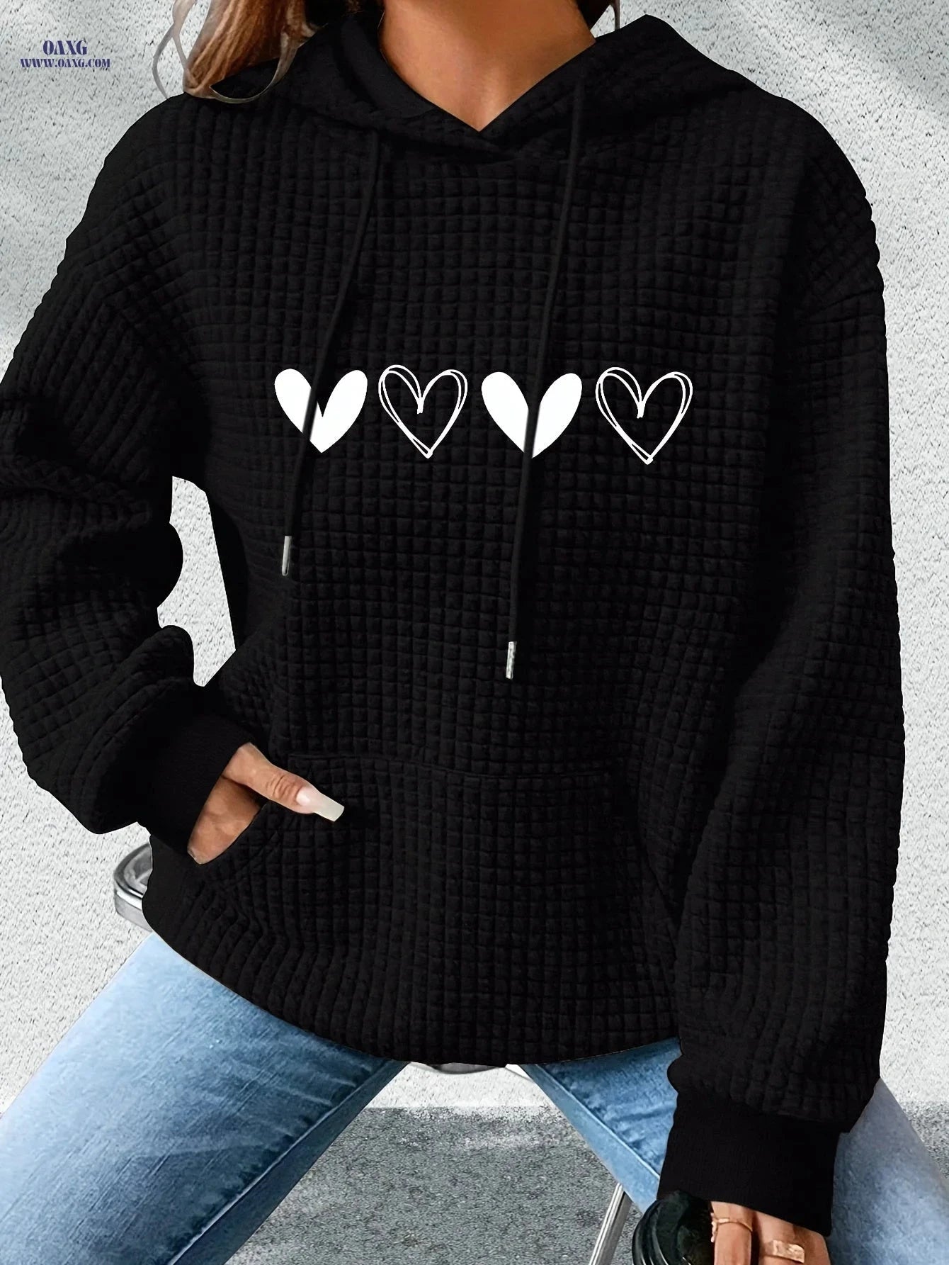OAXG Women's Casual Hoodie - Heart Print, Kangaroo Pocket, Cozy Fit   OAXG 