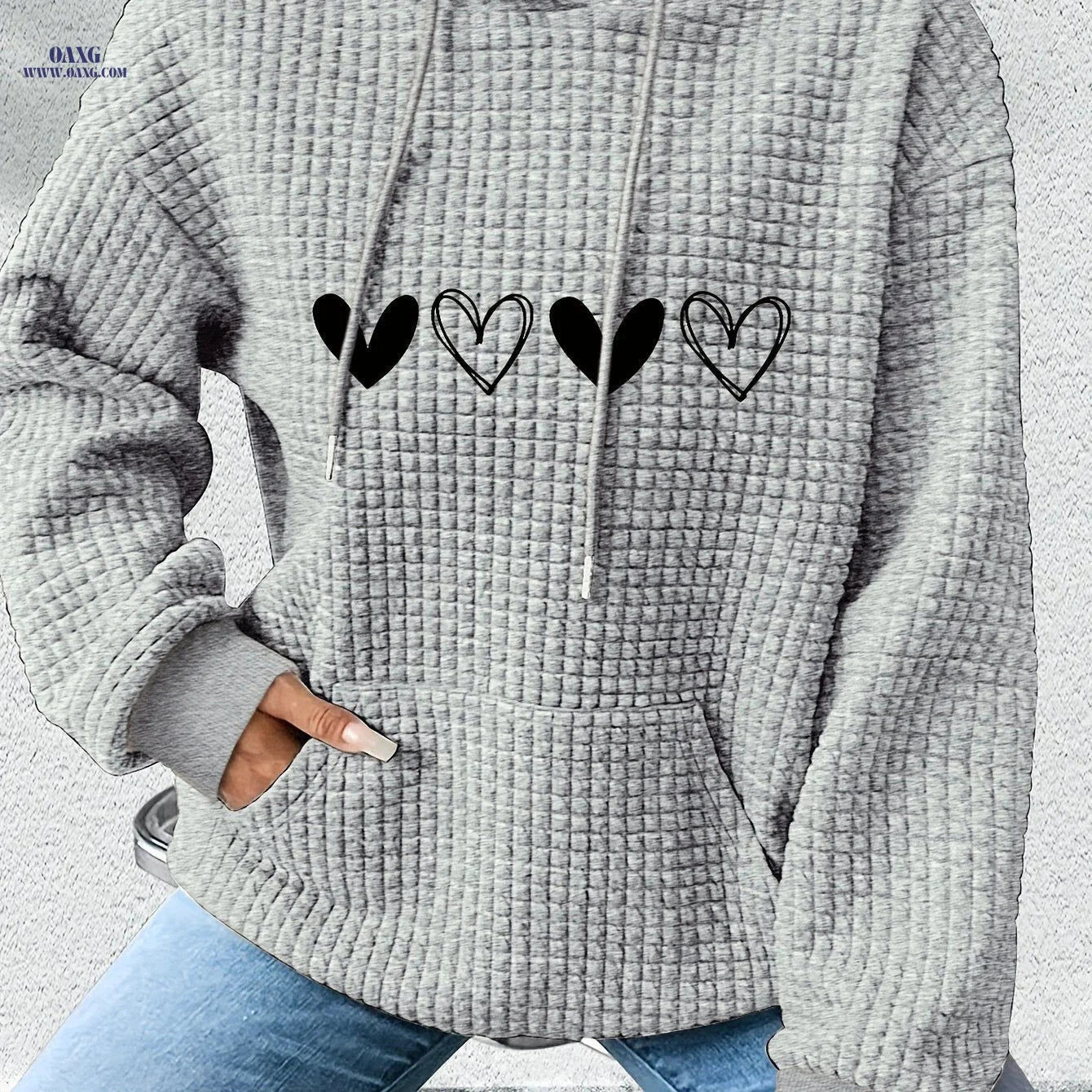 OAXG Women's Casual Hoodie - Heart Print, Kangaroo Pocket, Cozy Fit   OAXG 
