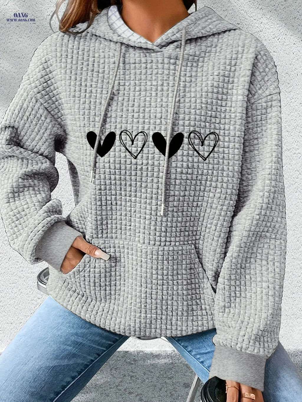 OAXG Women's Casual Hoodie - Heart Print, Kangaroo Pocket, Cozy Fit   OAXG 