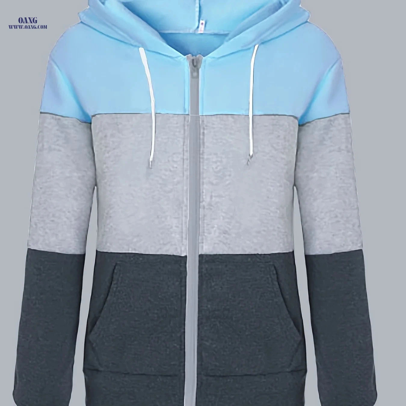 OAXG Women's Casual Hoodie - Three-Color Patchwork Zip-Up Design   OAXG 