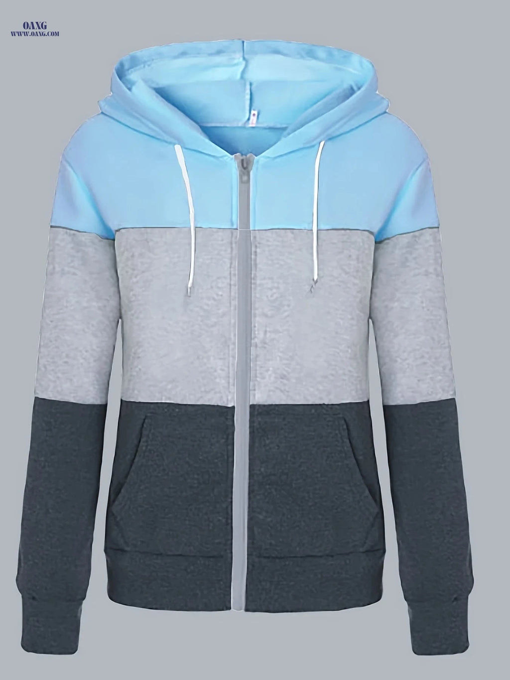 OAXG Women's Casual Hoodie - Three-Color Patchwork Zip-Up Design   OAXG 