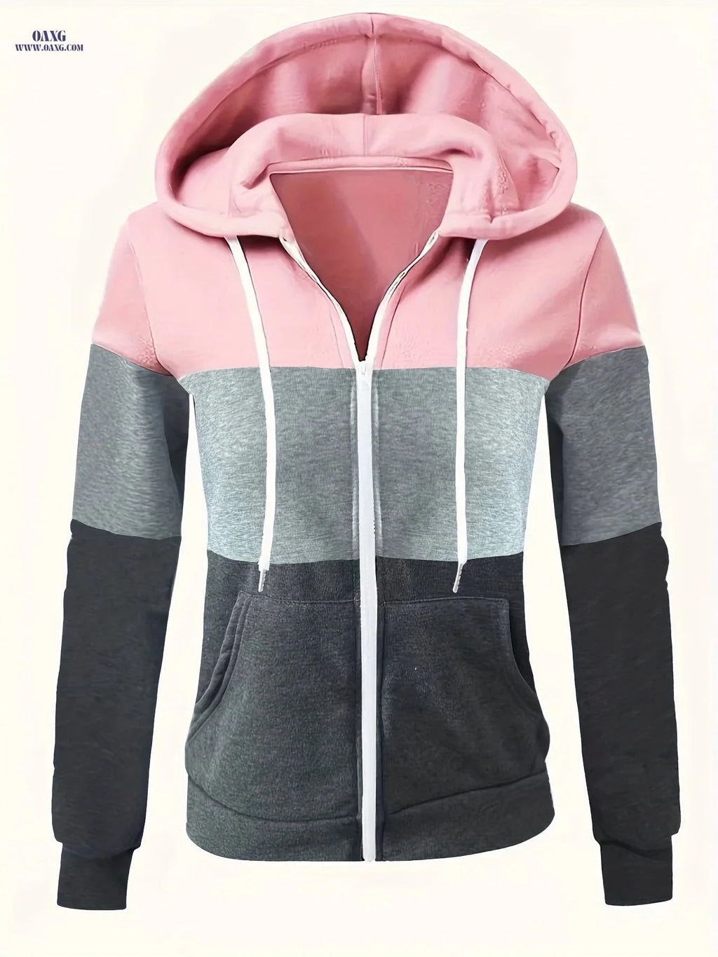 OAXG Women's Casual Hoodie - Three-Color Patchwork Zip-Up Design   OAXG 