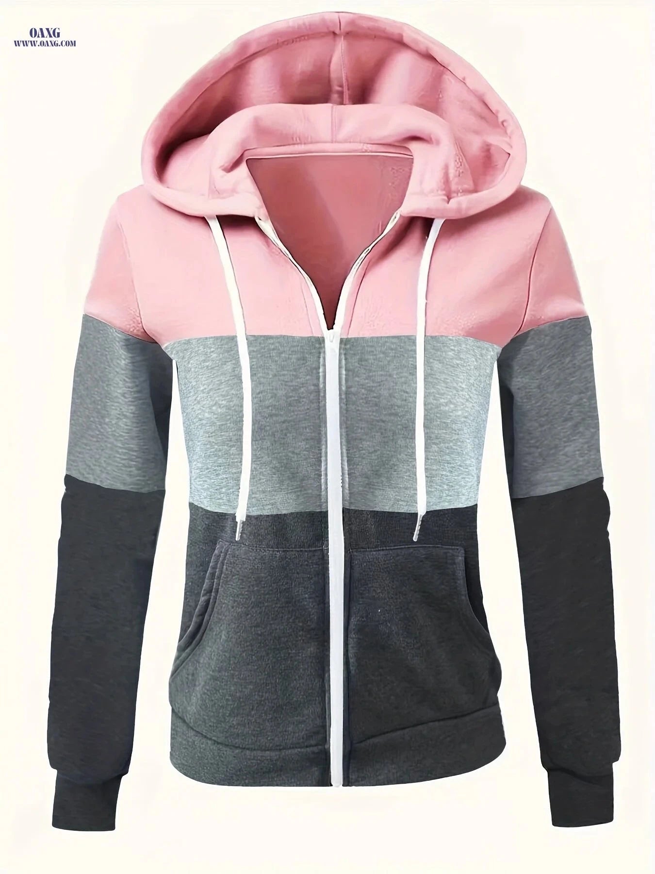 OAXG Women's Casual Hoodie - Three-Color Patchwork Zip-Up Design   OAXG 