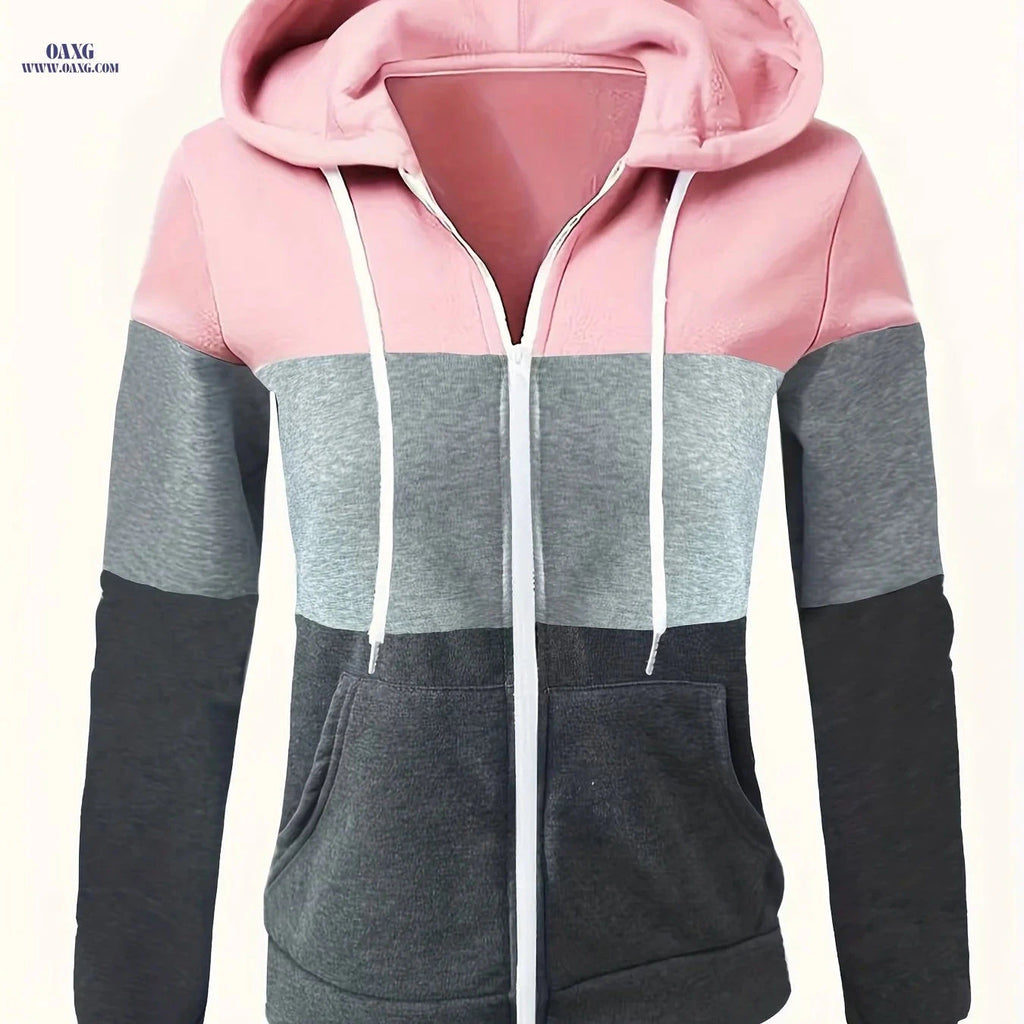 OAXG Women's Casual Hoodie - Three-Color Patchwork Zip-Up Design   OAXG 