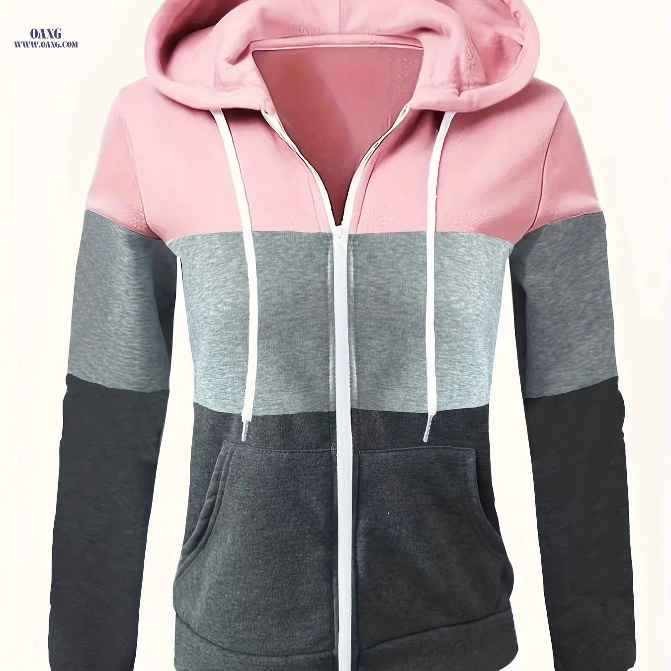 OAXG Women's Casual Hoodie - Three-Color Patchwork Zip-Up Design   OAXG 