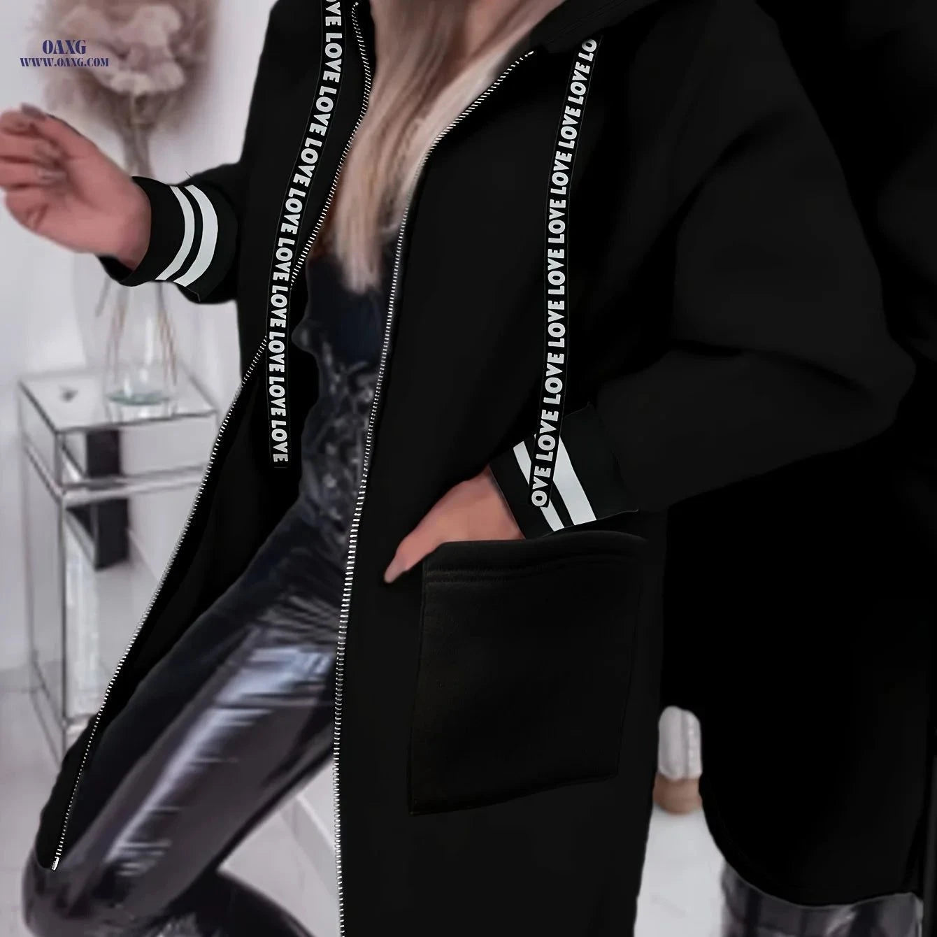OAXG Women's Casual Jacket A6600-1 - Elegant Hooded Design   OAXG Black / S