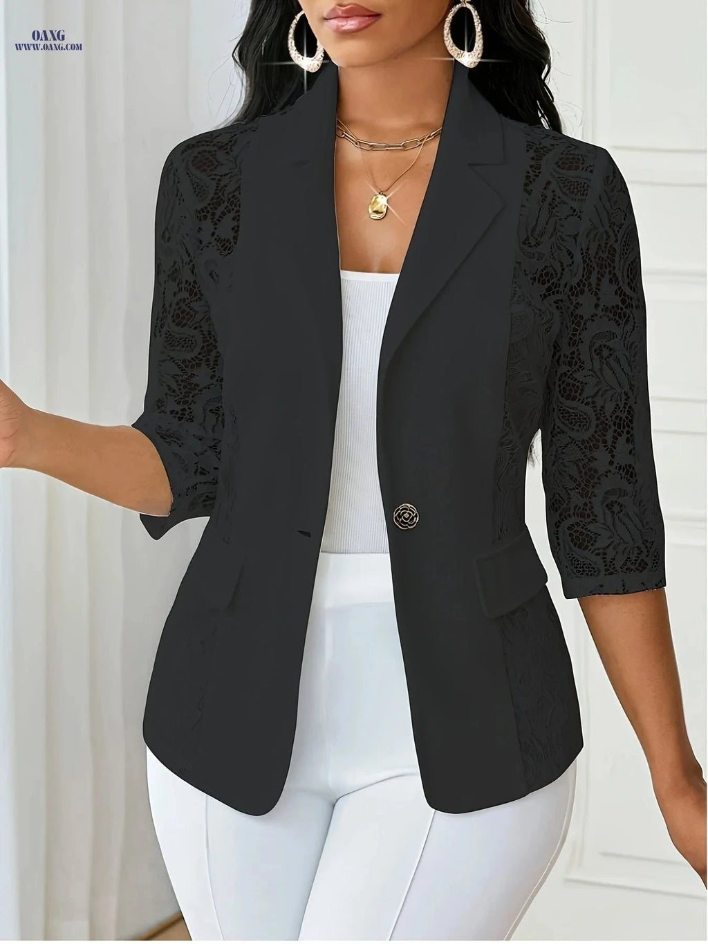 OAXG Women's Casual Jacket - Thin Lapel, Lace, Three-Quarter Sleeve   OAXG Burgundy / S