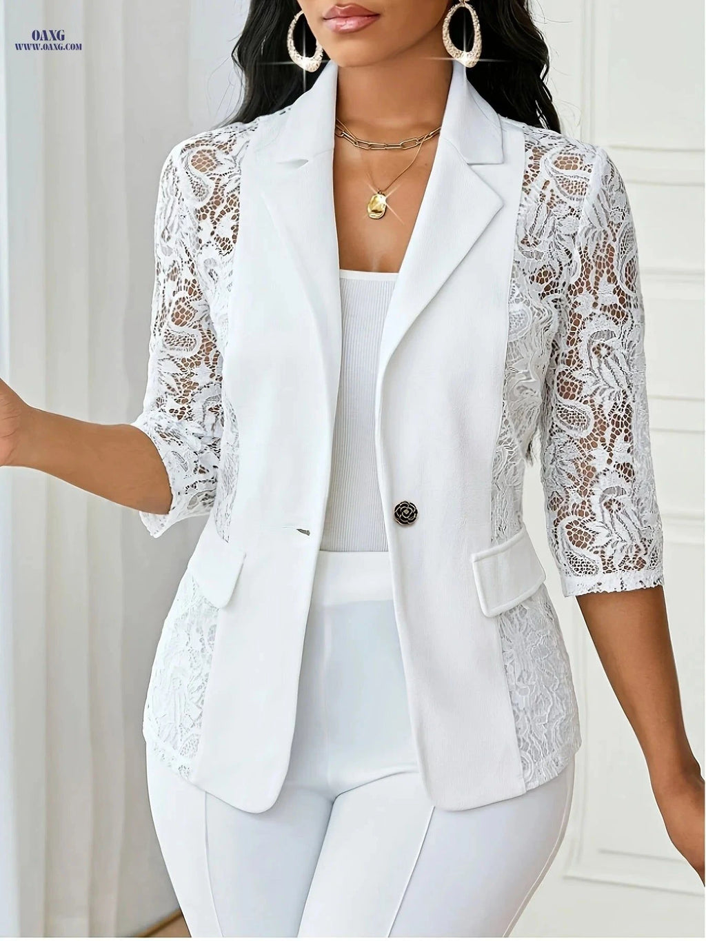 OAXG Women's Casual Jacket - Thin Lapel, Lace, Three-Quarter Sleeve   OAXG Burgundy / S