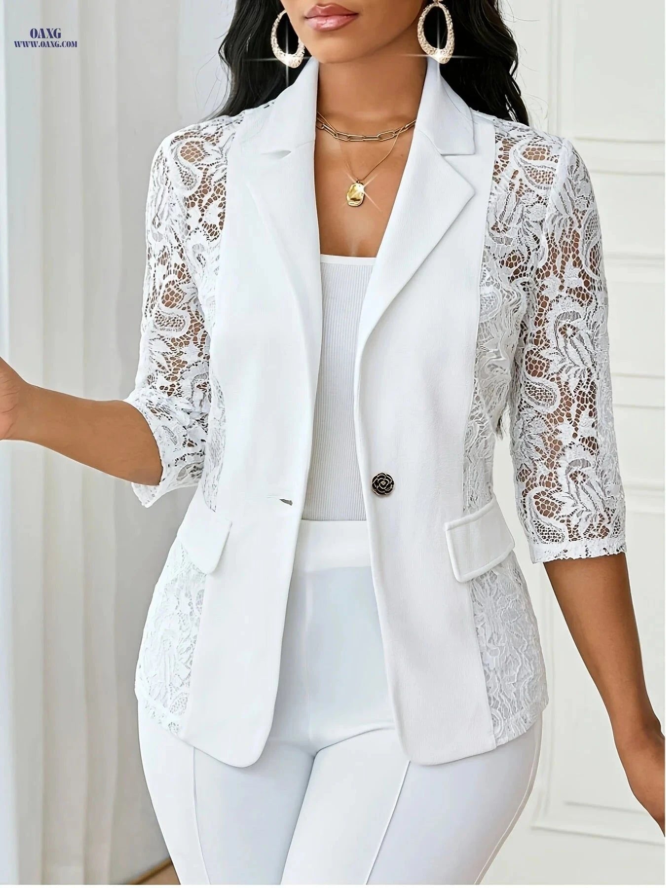 OAXG Women's Casual Jacket - Thin Lapel, Lace, Three-Quarter Sleeve   OAXG Burgundy / S