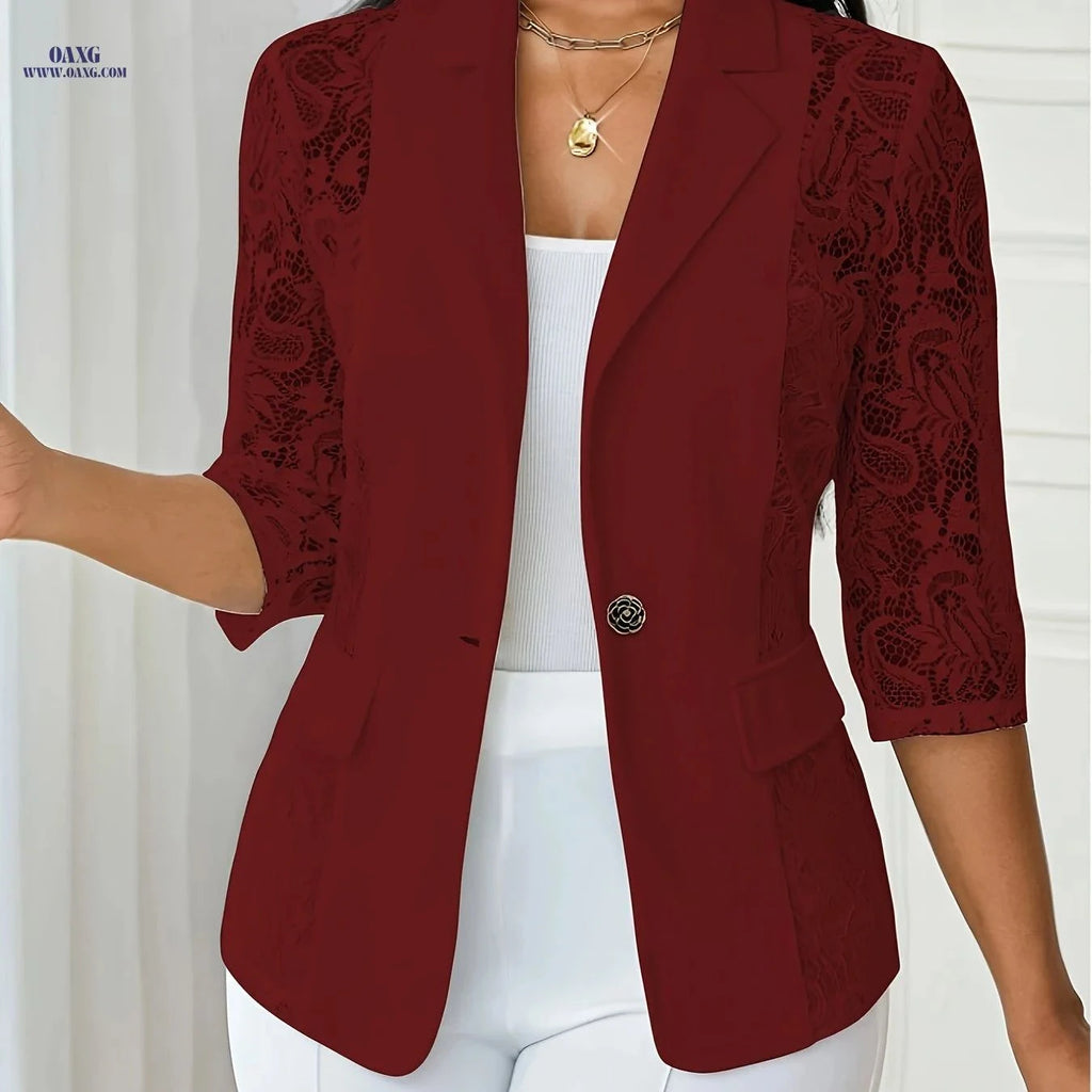 OAXG Women's Casual Jacket - Thin Lapel, Lace, Three-Quarter Sleeve   OAXG Burgundy / S