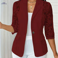 OAXG Women's Casual Jacket - Thin Lapel, Lace, Three-Quarter Sleeve   OAXG Burgundy / S