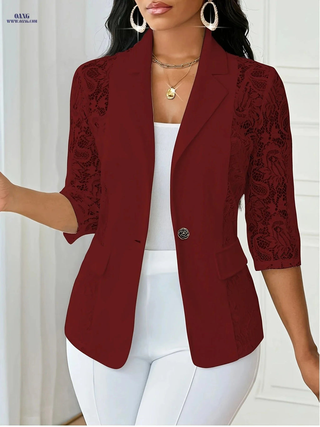 OAXG Women's Casual Jacket - Thin Lapel, Lace, Three-Quarter Sleeve   OAXG Burgundy / S