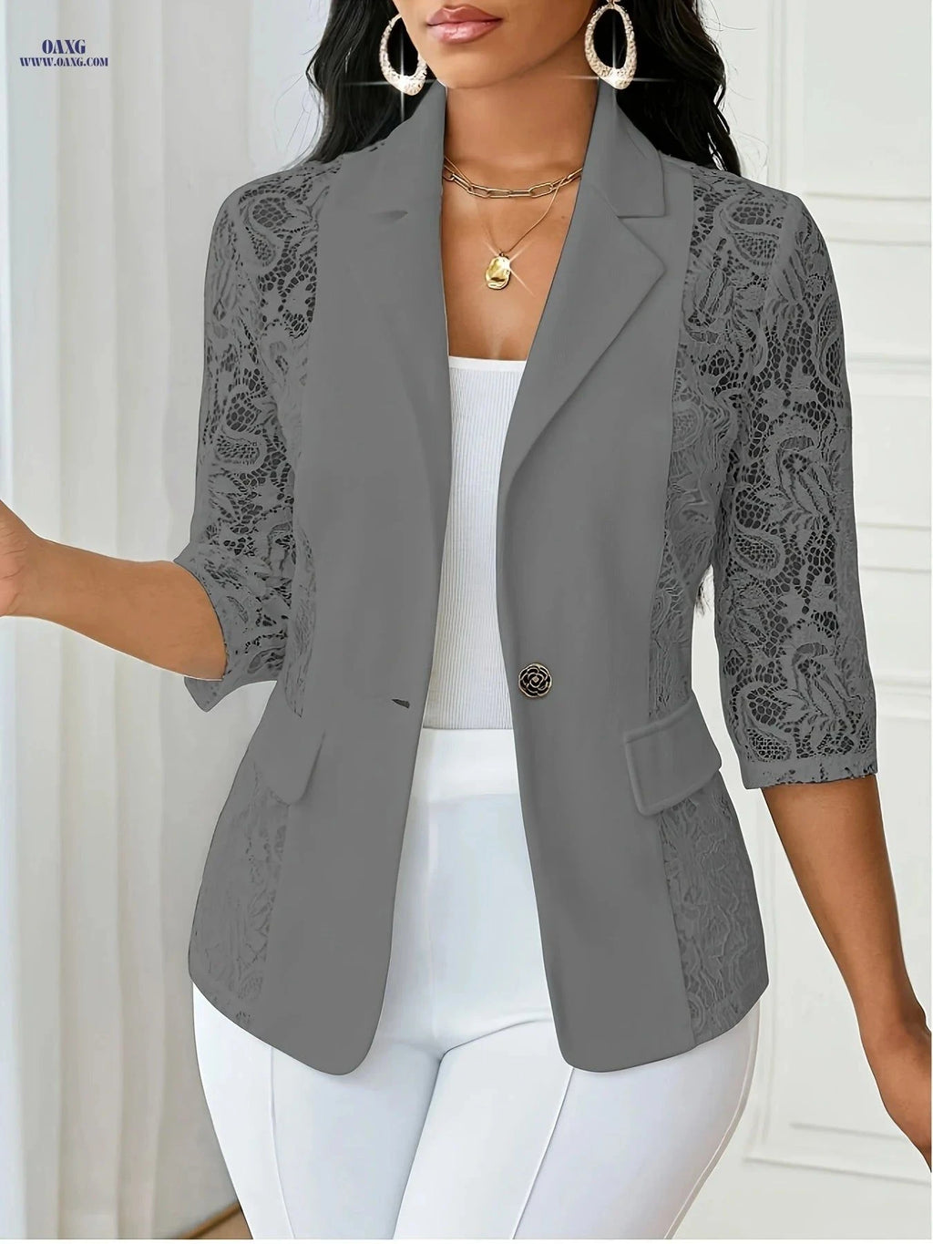OAXG Women's Casual Jacket - Thin Lapel, Lace, Three-Quarter Sleeve   OAXG Burgundy / S