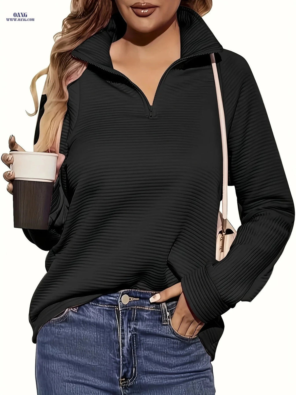 OAXG Women's Casual Long Sleeve Pullover - Solid Zipper V-neck Top   OAXG 