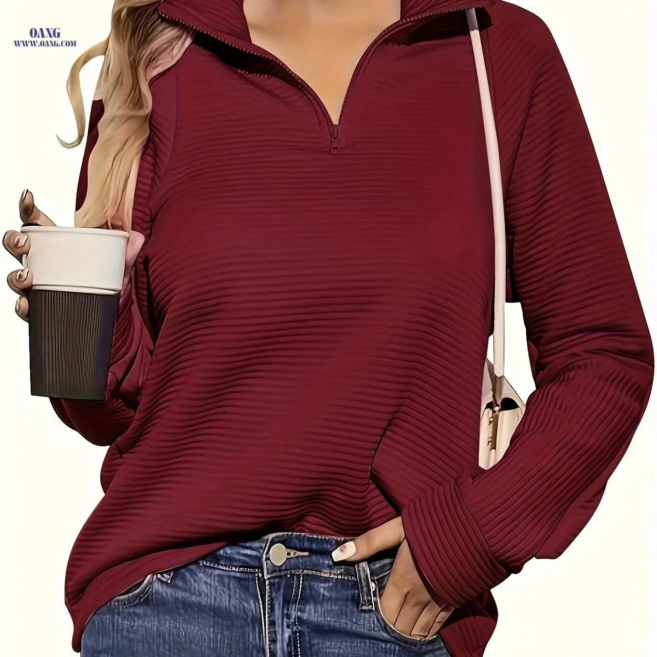 OAXG Women's Casual Long Sleeve Pullover - Solid Zipper V-neck Top   OAXG 