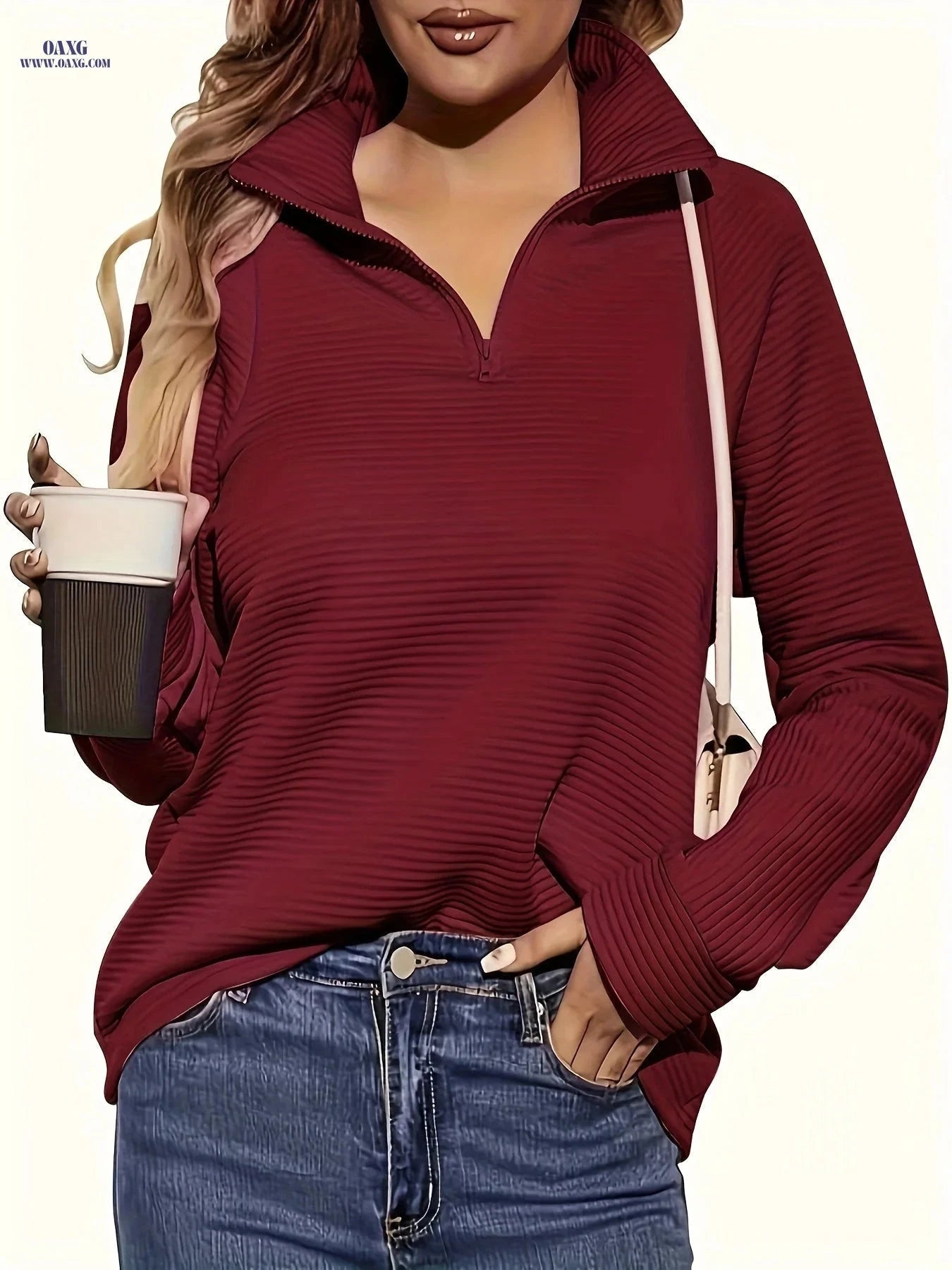 OAXG Women's Casual Long Sleeve Pullover - Solid Zipper V-neck Top   OAXG 