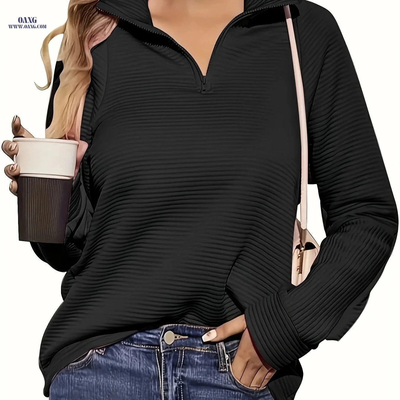 OAXG Women's Casual Long Sleeve Zipper Sweater - Elegant V-Neck Top   OAXG 