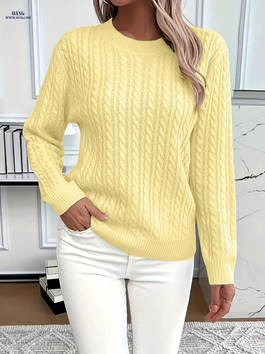 OAXG Women's Casual Loose-Fit Sweater - Ribbed Round Neck Pullover   OAXG Yellow / S