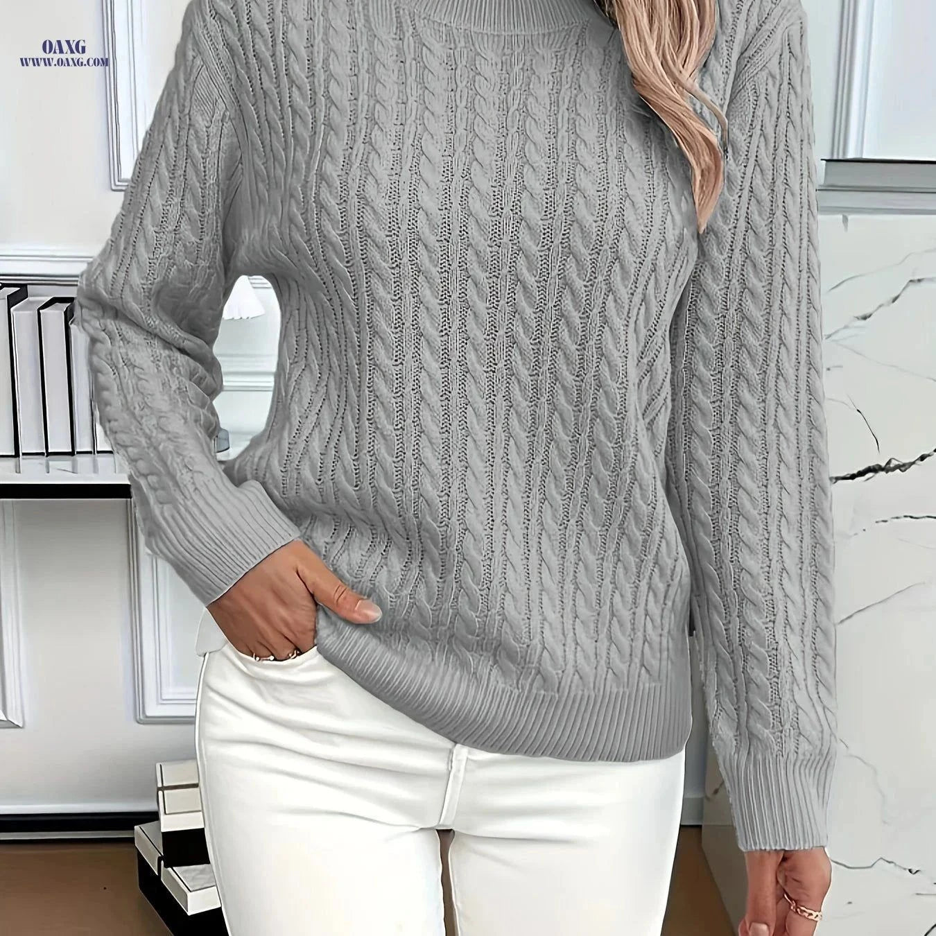 OAXG Women's Casual Loose-Fit Sweater - Ribbed Round Neck Pullover   OAXG Yellow / S