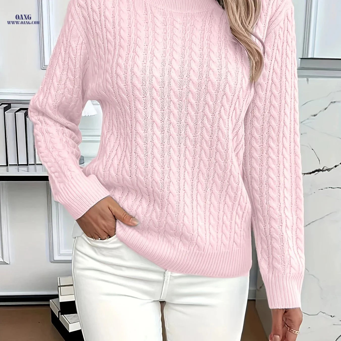 OAXG Women's Casual Loose-Fit Sweater - Ribbed Round Neck Pullover   OAXG Yellow / S