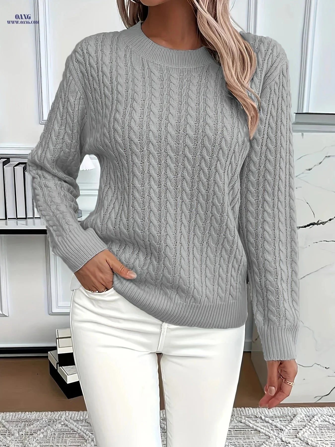 OAXG Women's Casual Loose-Fit Sweater - Ribbed Round Neck Pullover   OAXG Yellow / S