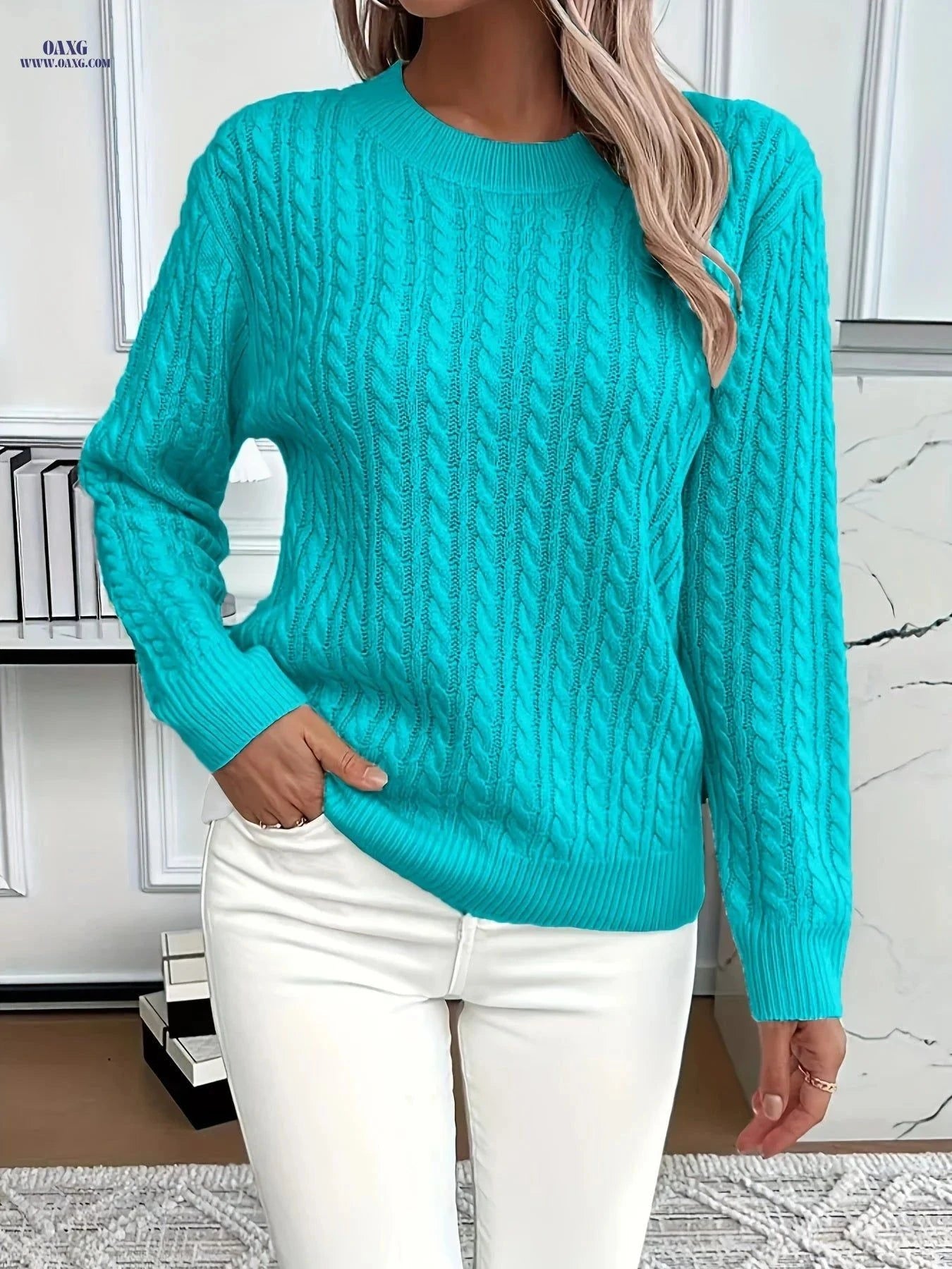 OAXG Women's Casual Loose-Fit Sweater - Ribbed Round Neck Pullover   OAXG Yellow / S