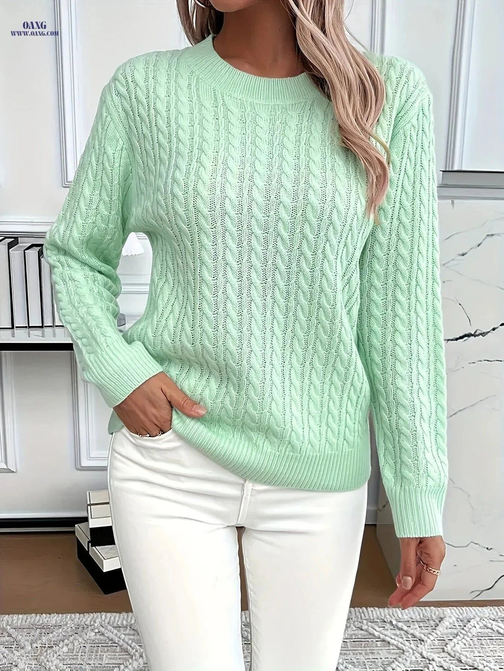 OAXG Women's Casual Loose-Fit Sweater - Ribbed Round Neck Pullover   OAXG Yellow / S