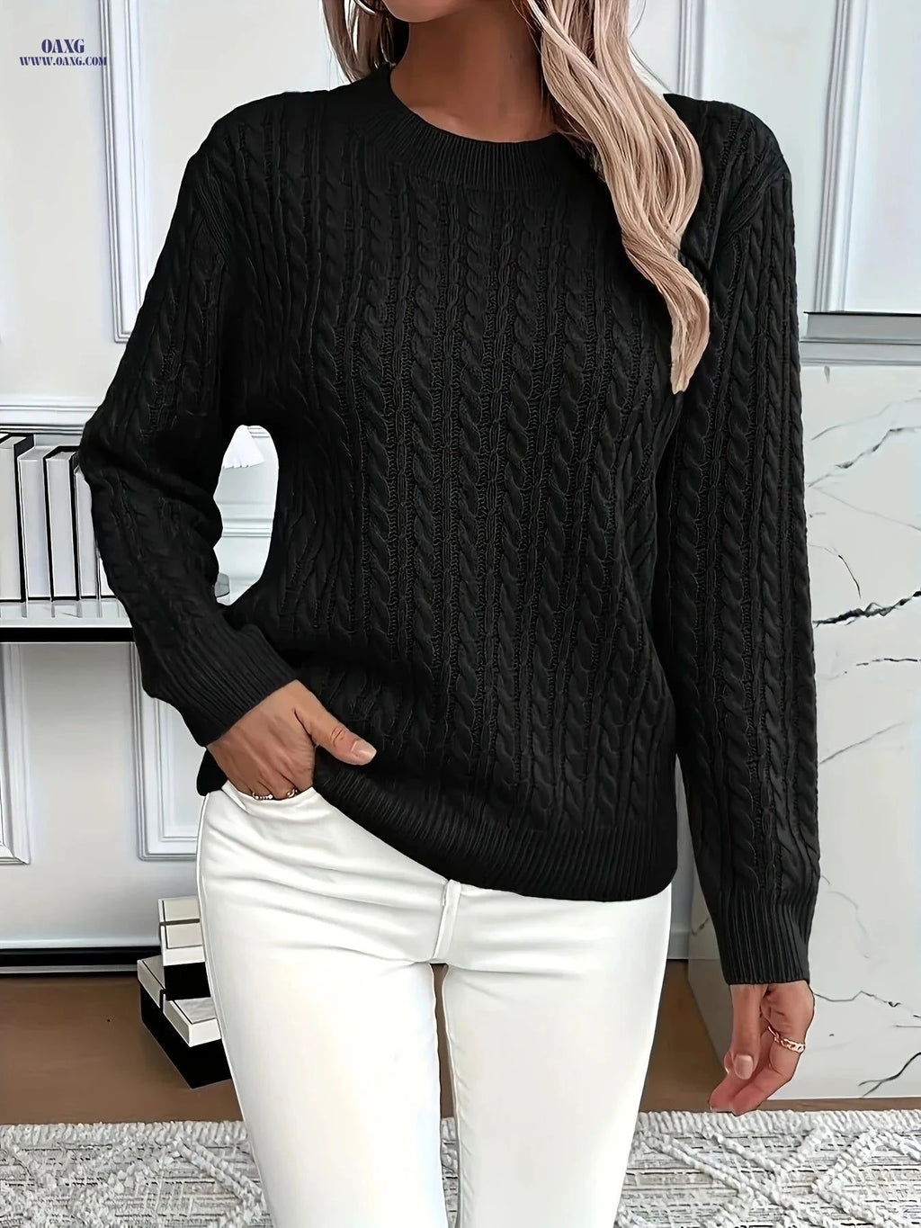 OAXG Women's Casual Loose-Fit Sweater - Ribbed Round Neck Pullover   OAXG Yellow / S