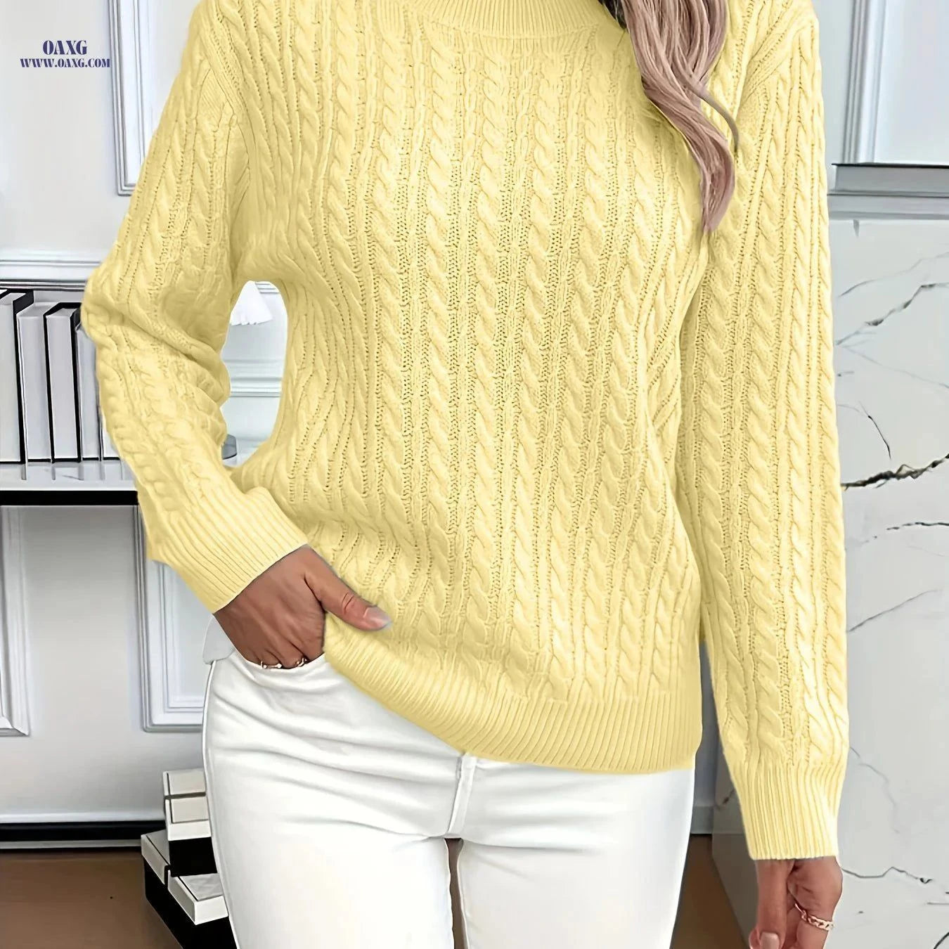 OAXG Women's Casual Loose-Fit Sweater - Ribbed Round Neck Pullover   OAXG Yellow / S