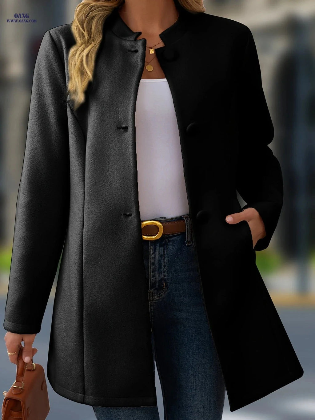 OAXG Women's Casual Mid-Length Jacket - Stand Collar, Button-Up Style   OAXG Apricot / S