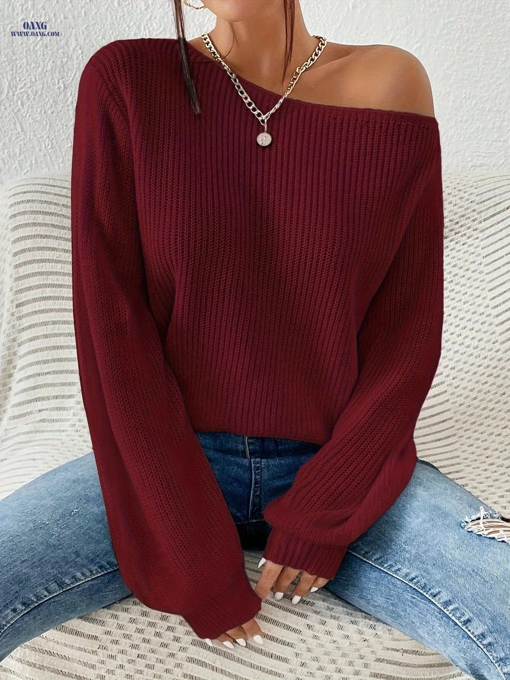 OAXG Women's Casual Off-Shoulder Pullover - Stylish Spring Fashion   OAXG Red / S