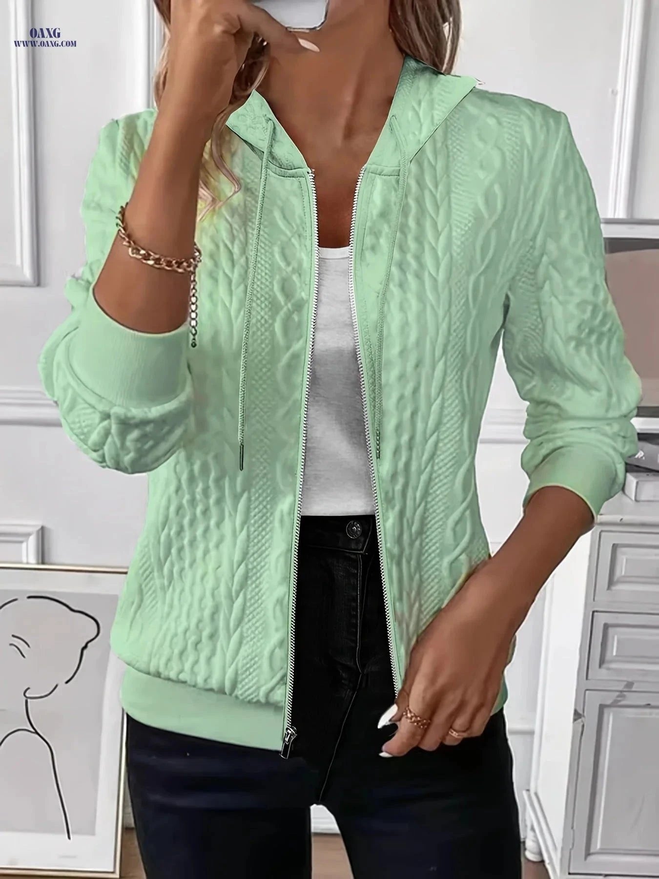 OAXG Women's Casual Solid Color Jacket - V-Neck, Long Sleeve   OAXG White / S